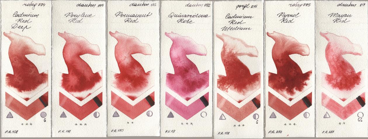 Rosa Gallery 774 Cadmium Red Deep, Daniel Smith 075 Perylene Red, 072 Permanent Red, 092 Quinacridone Rose, Golden QOR 215 Cadmium Red Medium, 775 Pyrrole Red, 217 Mayan R watercolor swatch