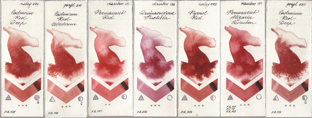 Rosa Gallery 774 Cadmium Red Deep, Golden QOR 215 Cadmium Red Medium, Daniel Smith 072 Permanent Red, 132 Quinacridone Fuchsia, 775 Pyrrole Red, 185 Permanent Alizarin Crimson, 220 Cadmium Red De watercolor swatch