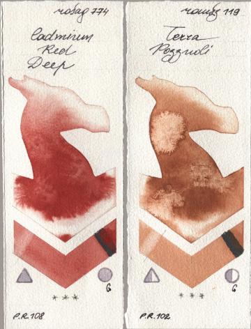 Rosa Gallery 774 Cadmium Red Deep, Roman Szmal Aquarius 119 Terra Pozzuo watercolor swatch