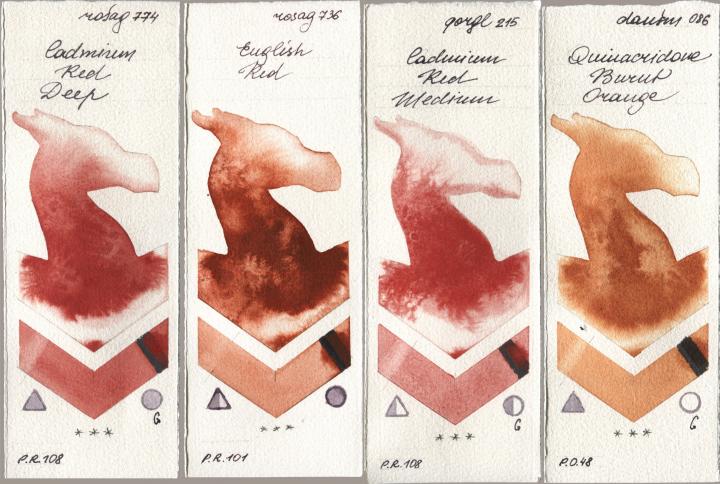 Rosa Gallery 774 Cadmium Red Deep, 736 English Red, Golden QOR 215 Cadmium Red Medium, Daniel Smith 086 Quinacridone Burnt Oran watercolor swatch