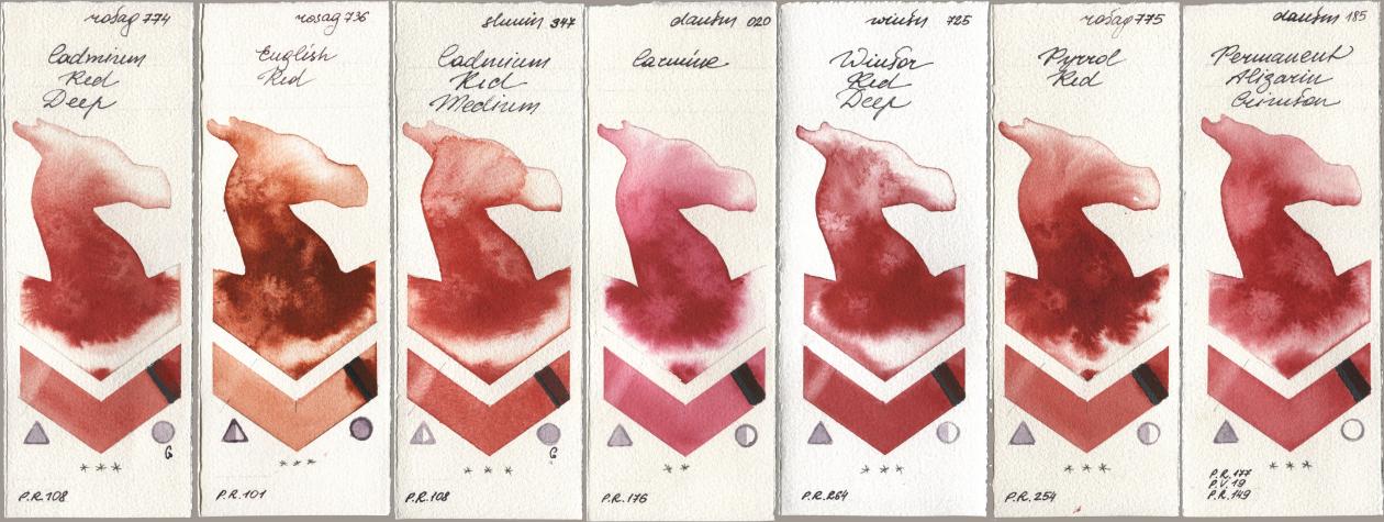 Rosa Gallery 774 Cadmium Red Deep, 736 English Red, Shminke Horadam Aquarell 347 Cadmium Red Medium, Daniel Smith 020 Carmine, Winsor & Newton Professional 725 Winsor Red Deep, 775 Pyrrole Red, 185 Permanent Alizarin Crims watercolor swatch