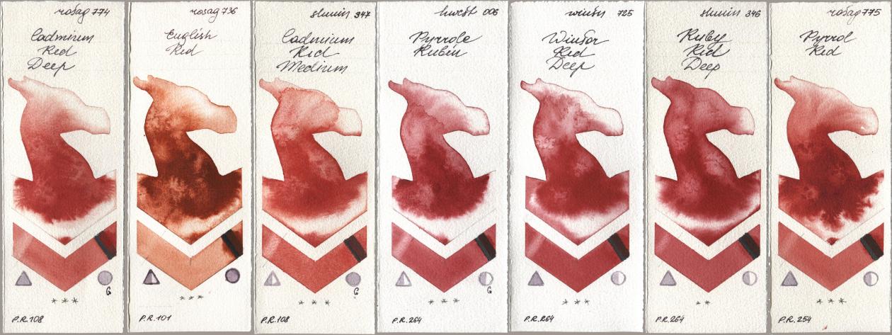 Rosa Gallery 774 Cadmium Red Deep, 736 English Red, Shminke Horadam Aquarell 347 Cadmium Red Medium, Holbein Artists Watercolor 006 Pyrrole Rubin, Winsor & Newton Professional 725 Winsor Red Deep, 346 Ruby Red Deep, 775 Pyrrole R watercolor swatch