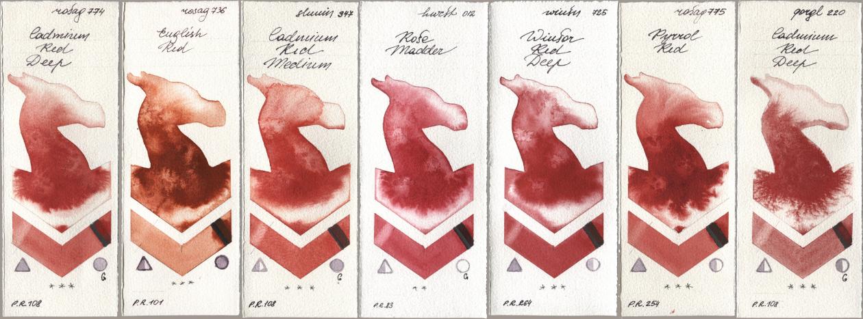 Rosa Gallery 774 Cadmium Red Deep, 736 English Red, Shminke Horadam Aquarell 347 Cadmium Red Medium, Holbein Artists Watercolor 012 Rose Madder, Winsor & Newton Professional 725 Winsor Red Deep, 775 Pyrrole Red, Golden QOR 220 Cadmium Red De watercolor swatch