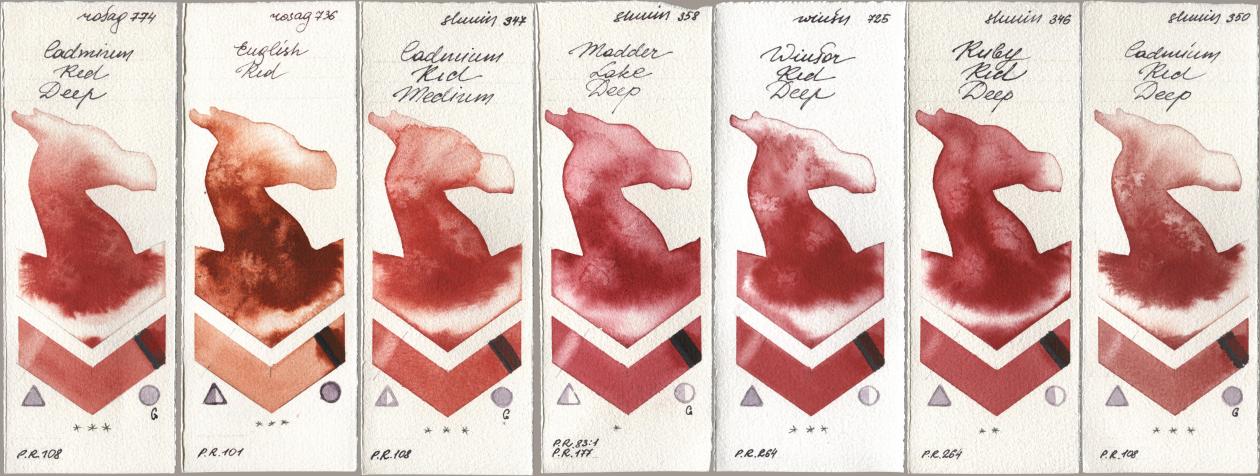 Rosa Gallery 774 Cadmium Red Deep, 736 English Red, Shminke Horadam Aquarell 347 Cadmium Red Medium, 358 Madder Lake Deep, Winsor & Newton Professional 725 Winsor Red Deep, 346 Ruby Red Deep, 350 Cadmium Red De watercolor swatch