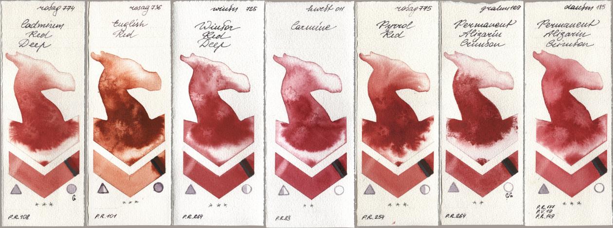 Rosa Gallery 774 Cadmium Red Deep, 736 English Red, Winsor & Newton Professional 725 Winsor Red Deep, Holbein Artists Watercolor 011 Carmine, 775 Pyrrole Red, M. Graham & Co. Artists 129 Permanent Alizarin Crimson, Daniel Smith 185 Permanent Alizarin Crims watercolor swatch
