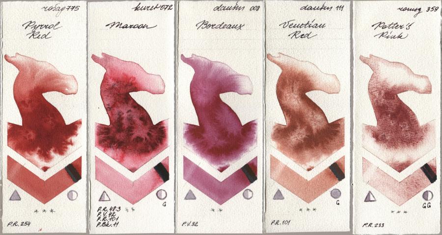Rosa Gallery 775 Pyrrole Red, Kuretake Gansai Tambi 072 Maroon, Daniel Smith 008 Bordeaux, 111 Venetian Red, Roman Szmal Aquarius 359 Potters Pi watercolor swatch
