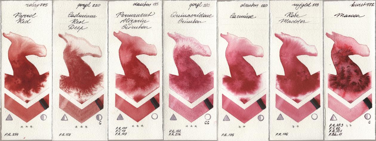 Rosa Gallery 775 Pyrrole Red, Golden QOR 220 Cadmium Red Deep, Daniel Smith 185 Permanent Alizarin Crimson, 260 Quinacridone Crimson, 020 Carmine, Mijello Mission Gold 513 Rose Madder, Kuretake Gansai Tambi 072 Maro watercolor swatch