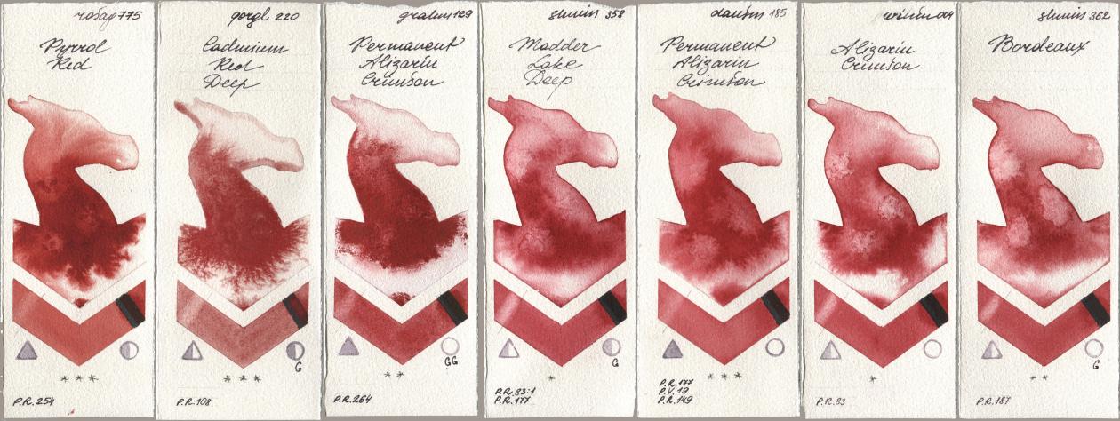 Rosa Gallery 775 Pyrrole Red, Golden QOR 220 Cadmium Red Deep, M. Graham & Co. Artists 129 Permanent Alizarin Crimson, Shminke Horadam Aquarell 358 Madder Lake Deep, Daniel Smith 185 Permanent Alizarin Crimson, Winsor & Newton Professional 004 Alizarin Crimson, 362 Bordea watercolor swatch