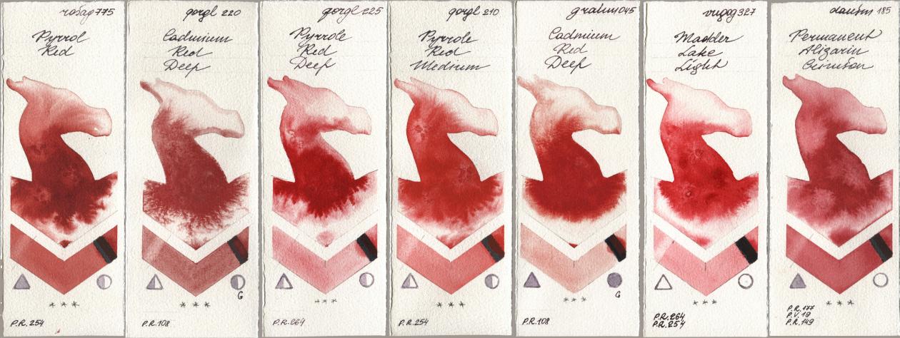 Rosa Gallery 775 Pyrrole Red, Golden QOR 220 Cadmium Red Deep, 225 Pyrrole Red Deep, 210 Pyrrole Red Medium, M. Graham & Co. Artists 045 Cadmium Red Deep, Royal Talens Van Gogh Watercolour 327 Madder Lake Light, Daniel Smith 185 Permanent Alizarin Crims watercolor swatch