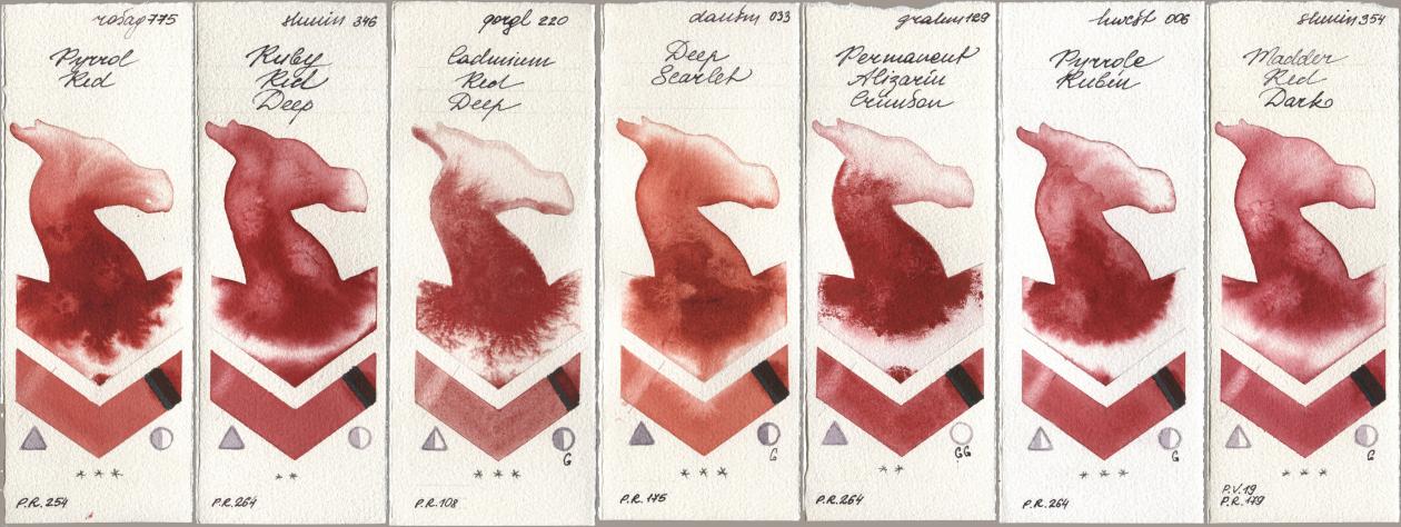 Rosa Gallery 775 Pyrrole Red, Shminke Horadam Aquarell 346 Ruby Red Deep, Golden QOR 220 Cadmium Red Deep, Daniel Smith 033 Deep Scarlet, M. Graham & Co. Artists 129 Permanent Alizarin Crimson, Holbein Artists Watercolor 006 Pyrrole Rubin, 354 Madder Red Da watercolor swatch