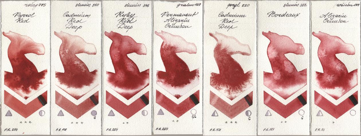Rosa Gallery 775 Pyrrole Red, Shminke Horadam Aquarell 350 Cadmium Red Deep, 346 Ruby Red Deep, M. Graham & Co. Artists 129 Permanent Alizarin Crimson, Golden QOR 220 Cadmium Red Deep, 362 Bordeaux, Winsor & Newton Professional 004 Alizarin Crims watercolor swatch