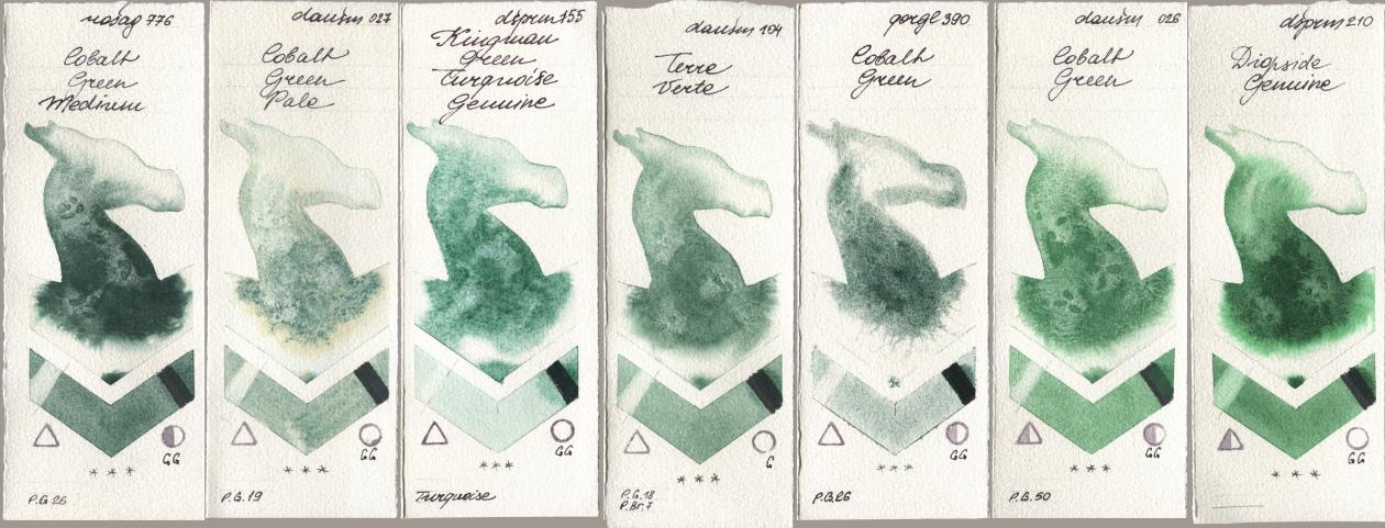 Rosa Gallery 776 Cobalt Green Medium, Daniel Smith 027 Cobalt Green Pale, 155 Kingman Green Turquoise Genuine, 104 Terre Verte, Golden QOR 390 Cobalt Green, 026 Cobalt Green, 210 Diopside Genui watercolor swatch
