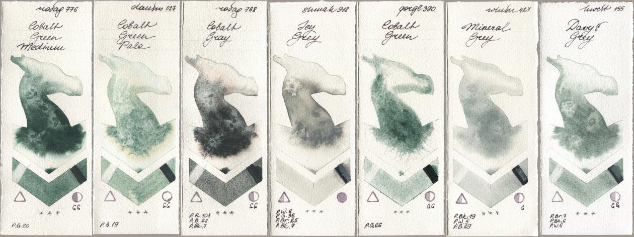Rosa Gallery 776 Cobalt Green Medium, Daniel Smith 027 Cobalt Green Pale, 768 Cobalt Gray, Shminke Akademie Aquarell 918 Icy Grey, Golden QOR 390 Cobalt Green, Winsor & Newton Professional 427 Mineral Grey, Holbein Artists Watercolor 155 Davys Gr watercolor swatch