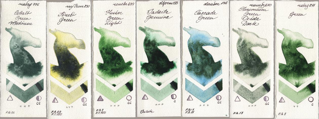 Rosa Gallery 776 Cobalt Green Medium, Mijello Mission Gold 830 Forest Green, Royal Talens Rembrandt Watercolour 644 Hooker Green Light, Daniel Smith 195 Jadeite Genuine, 142 Cascade Green, Roman Szmal Aquarius 270 Chromium Green Oxide Dark, 711 Gre watercolor swatch