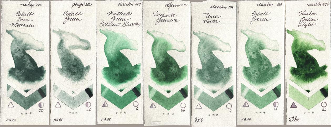 Rosa Gallery 776 Cobalt Green Medium, Golden QOR 390 Cobalt Green, Daniel Smith 079 Phthalo Green (Yellow Shade), 210 Diopside Genuine, 104 Terre Verte, 026 Cobalt Green, Royal Talens Rembrandt Watercolour 644 Hooker Green Lig watercolor swatch