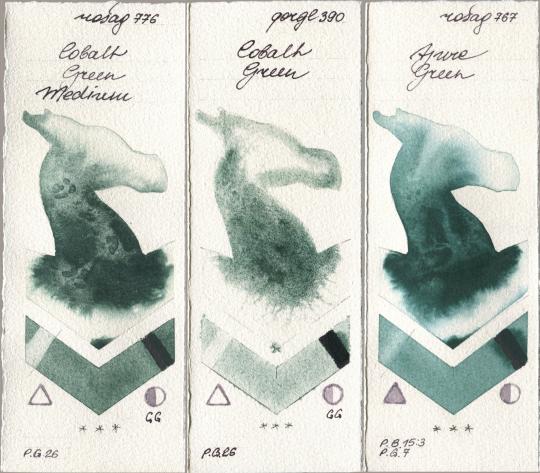 Rosa Gallery 776 Cobalt Green Medium, Golden QOR 390 Cobalt Green, 767 Azure Gre watercolor swatch