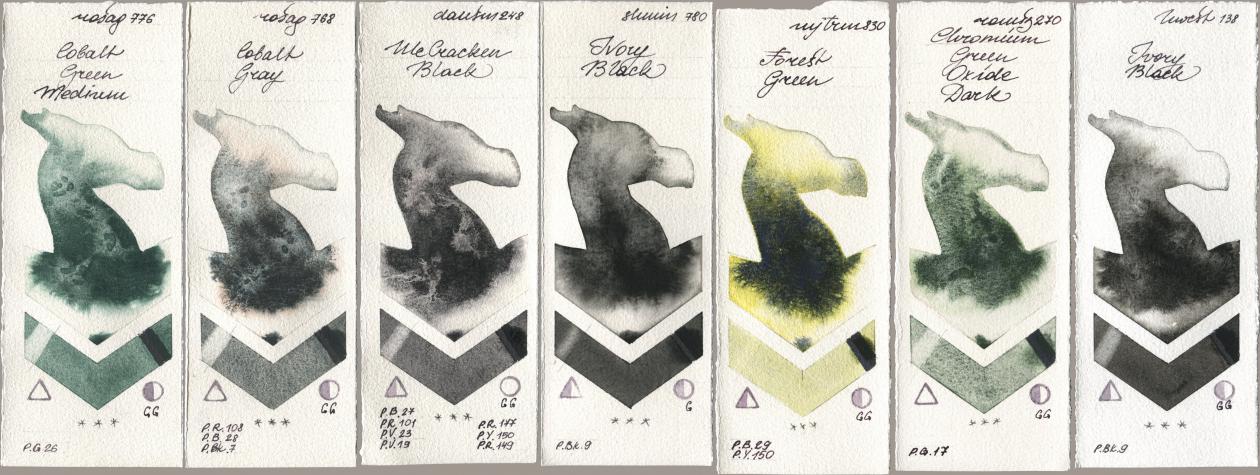 Rosa Gallery 776 Cobalt Green Medium, 768 Cobalt Gray, Daniel Smith 248 McCracken Black, Shminke Horadam Aquarell 780 Ivory Black, Mijello Mission Gold 830 Forest Green, Roman Szmal Aquarius 270 Chromium Green Oxide Dark, Holbein Artists Watercolor 138 Ivory Bla watercolor swatch