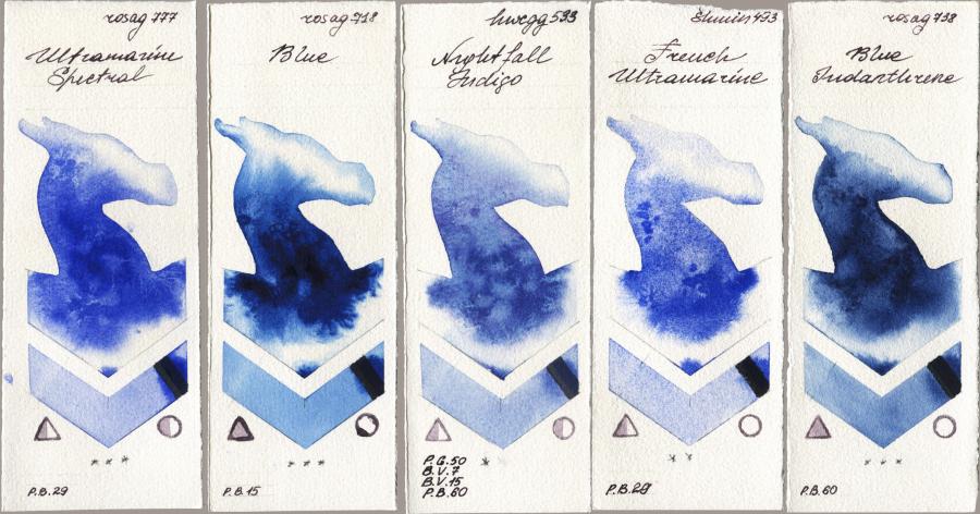 Rosa Gallery 777 Ultramarine Spectral vs 718 Blue vs Holbein Artists Watercolor 533 Nightfall Indigo vs Shminke Horadam Aquarell 493 French Ultramarine vs 738 Blue Indanthrone watercolor swatch