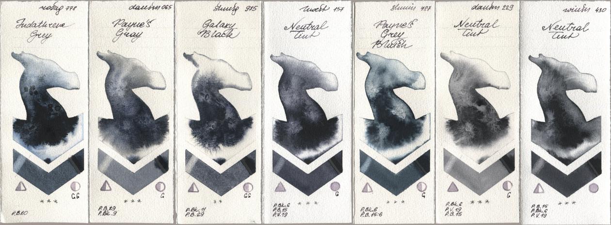 Rosa Gallery 778 Indanthrene Grey, Daniel Smith 065 Paynes Gray, Shminke Horadam Aquarell 975 Galaxy Black, Holbein Artists Watercolor 157 Neutral Tint, 787 Paynes Grey Bluish, 229 Neutral Tint, Winsor & Newton Professional 430 Neutral Ti watercolor swatch