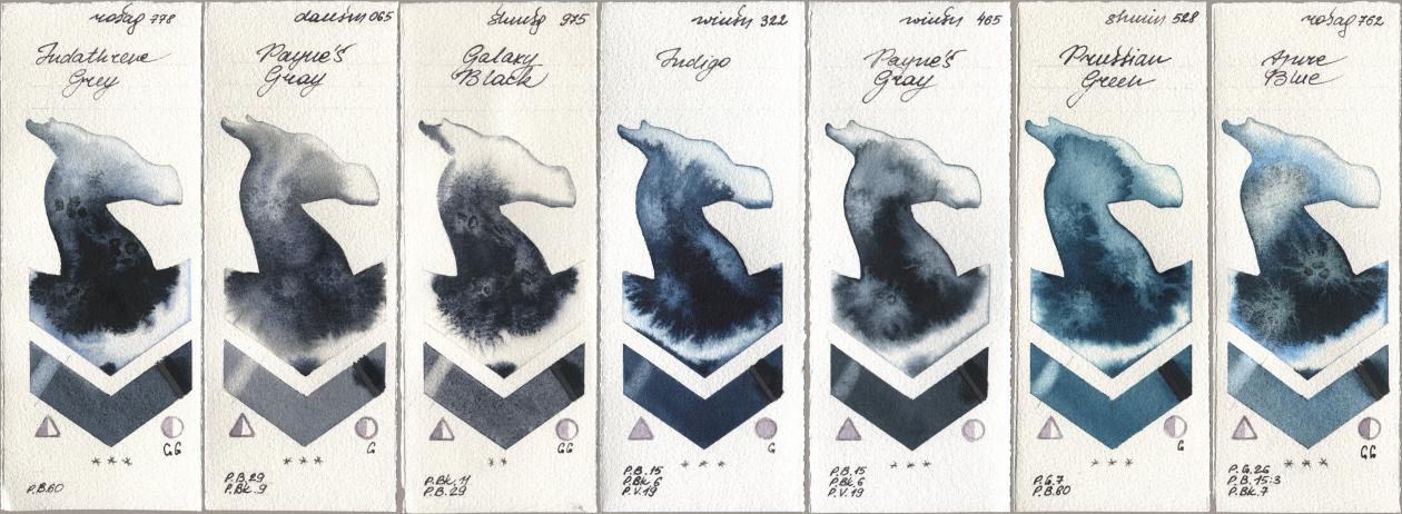 Rosa Gallery 778 Indanthrene Grey, Daniel Smith 065 Paynes Gray, Shminke Horadam Aquarell 975 Galaxy Black, Winsor & Newton Professional 322 Indigo, 465 Paynes Gray, 528 Prussian Green, 762 Azure Bl watercolor swatch