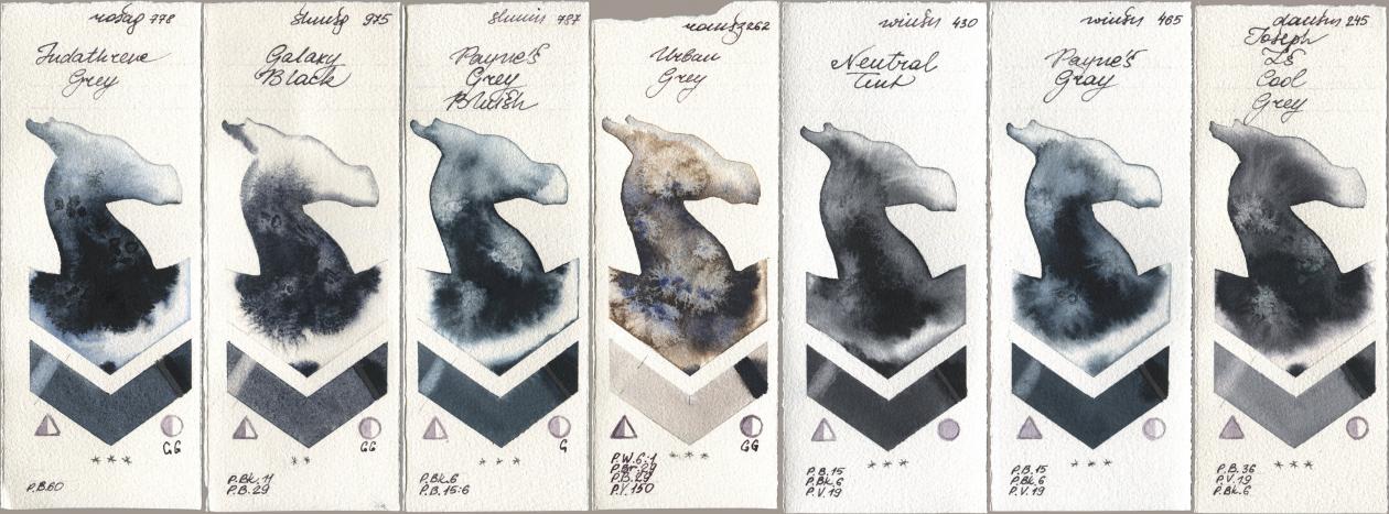 Rosa Gallery 778 Indanthrene Grey, Shminke Horadam Aquarell 975 Galaxy Black, 787 Paynes Grey Bluish, Roman Szmal Aquarius 262 Urban Grey, Winsor & Newton Professional 430 Neutral Tint, 465 Paynes Gray, Daniel Smith 245 Joseph Zs Cool Gr watercolor swatch