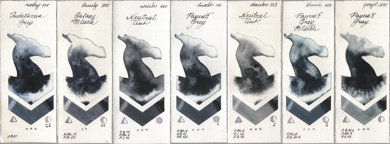 Rosa Gallery 778 Indanthrene Grey, Shminke Horadam Aquarell 975 Galaxy Black, Winsor & Newton Professional 430 Neutral Tint, Holbein Artists Watercolor 156 Paynes Grey, Daniel Smith 229 Neutral Tint, 787 Paynes Grey Bluish, Golden QOR 510 Paynes Gr watercolor swatch
