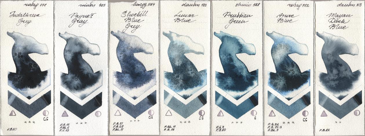 Rosa Gallery 778 Indanthrene Grey, Winsor & Newton Professional 465 Paynes Gray, Holbein Artists Watercolor 564 Shoebill Blue Grey, Daniel Smith 183 Lunar Blue, Shminke Horadam Aquarell 528 Prussian Green, 762 Azure Blue, 213 Mayan Dark Bl watercolor swatch