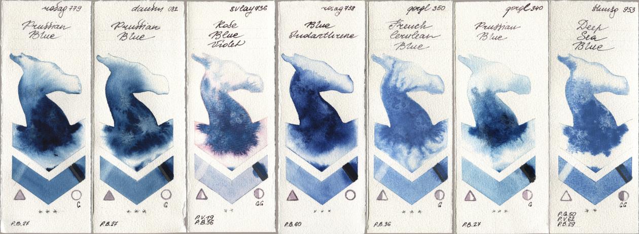 Rosa Gallery 779 Prussian Blue, Daniel Smith 082 Prussian Blue, SuperVision 736 Rose Blue Violet, 738 Blue Indanthrene, Golden QOR 350 French Cerulean Blue, 340 Prussian Blue, Shminke Horadam Aquarell 953 Deep Sea Bl watercolor swatch