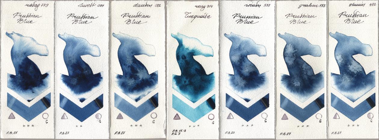 Rosa Gallery 779 Prussian Blue, Holbein Artists Watercolor 097 Prussian Blue, Daniel Smith 082 Prussian Blue, 714 Turquoise, Winsor & Newton Professional 538 Prussian Blue, M. Graham & Co. Artists 153 Prussian Blue, Shminke Horadam Aquarell 492 Prussian Bl watercolor swatch