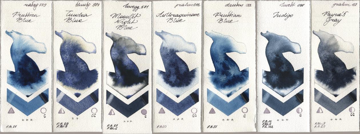 Rosa Gallery 779 Prussian Blue, Shminke Horadam Aquarell 984 Tundra Blue, Holbein Artists Watercolor 571 Moonlit Night Blue, M. Graham & Co. Artists 012 Anthraquinone Blue, Daniel Smith 082 Prussian Blue, 098 Indigo, 128 Payne’s Gr watercolor swatch
