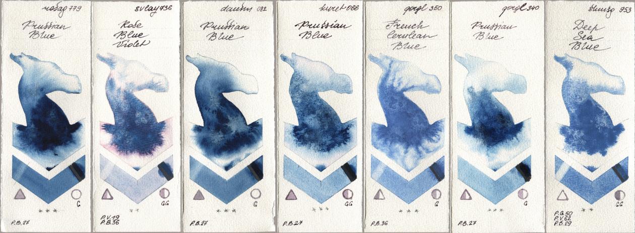 Rosa Gallery 779 Prussian Blue, SuperVision 736 Rose Blue Violet, Daniel Smith 082 Prussian Blue, Kuretake Gansai Tambi 066 Prussian Blue, Golden QOR 350 French Cerulean Blue, 340 Prussian Blue, Shminke Horadam Aquarell 953 Deep Sea Bl watercolor swatch