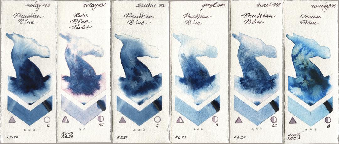 Rosa Gallery 779 Prussian Blue, SuperVision 736 Rose Blue Violet, Daniel Smith 082 Prussian Blue, Golden QOR 340 Prussian Blue, Kuretake Gansai Tambi 066 Prussian Blue, Roman Szmal Aquarius 344 Ocean Bl watercolor swatch