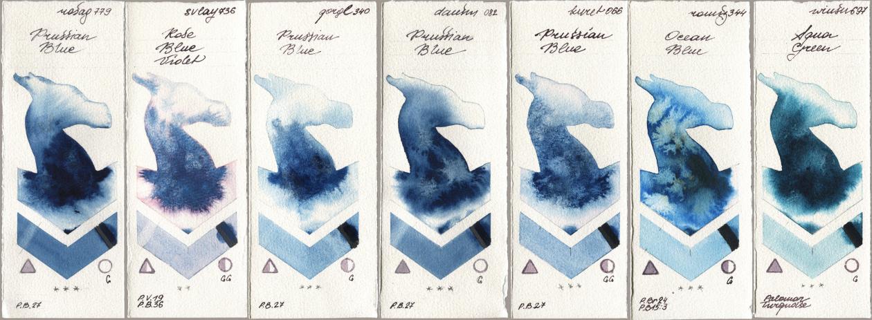 Rosa Gallery 779 Prussian Blue, SuperVision 736 Rose Blue Violet, Golden QOR 340 Prussian Blue, Daniel Smith 082 Prussian Blue, Kuretake Gansai Tambi 066 Prussian Blue, Roman Szmal Aquarius 344 Ocean Blue, Winsor & Newton Professional 697 Aqua Gre watercolor swatch
