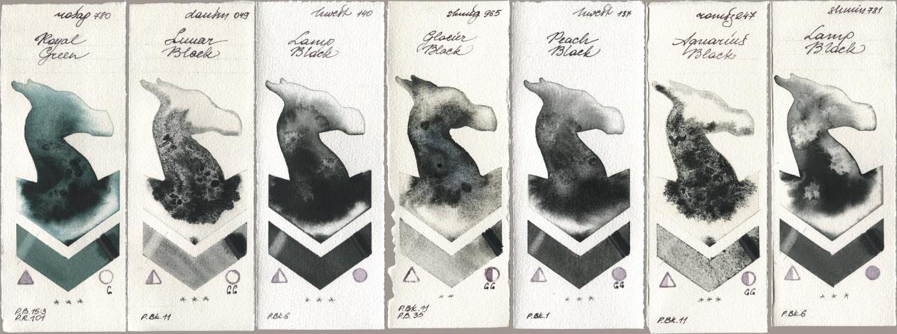 Rosa Gallery 780 Royal Green, Daniel Smith 049 Lunar Black, Holbein Artists Watercolor 140 Lamp Black, Shminke Horadam Aquarell 965 Glacier Black, 137 Peach Black, Roman Szmal Aquarius 247 Aquarius Black, 781 Lamp Bla watercolor swatch