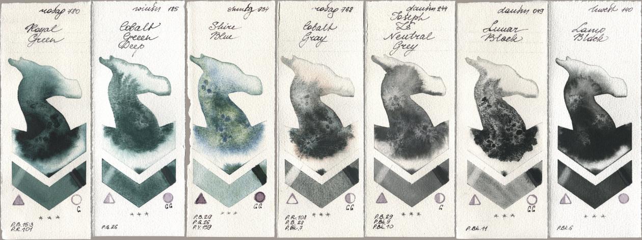 Rosa Gallery 780 Royal Green, Winsor & Newton Professional 185 Cobalt Green Deep, Shminke Horadam Aquarell 934 Shire Blue, 768 Cobalt Gray, Daniel Smith 244 Joseph Zs Neutral Grey, 049 Lunar Black, Holbein Artists Watercolor 140 Lamp Bla watercolor swatch