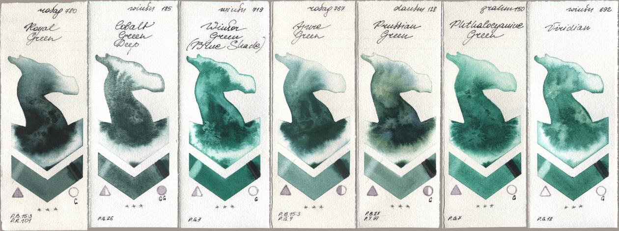 Rosa Gallery 780 Royal Green, Winsor & Newton Professional 185 Cobalt Green Deep, 719 Winsor Green (Blue Shade), 767 Azure Green, Daniel Smith 128 Prussian Green, M. Graham & Co. Artists 150 Phthalocyanine Green, 692 Viridi watercolor swatch