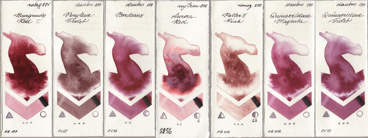 Rosa Gallery 781 Burgundy Red, Daniel Smith 201 Perylene Violet, 008 Bordeaux, Mijello Mission Gold 806 Aurora Red, Roman Szmal Aquarius 359 Potters Pink, 090 Quinacridone Magenta, 094 Quinacridone Viol watercolor swatch