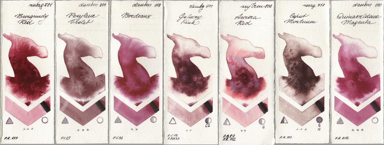 Rosa Gallery 781 Burgundy Red, Daniel Smith 201 Perylene Violet, 008 Bordeaux, Shminke Horadam Aquarell 971 Galaxy Pink, Mijello Mission Gold 806 Aurora Red, 758 Caput Mortuum, 090 Quinacridone Magen watercolor swatch