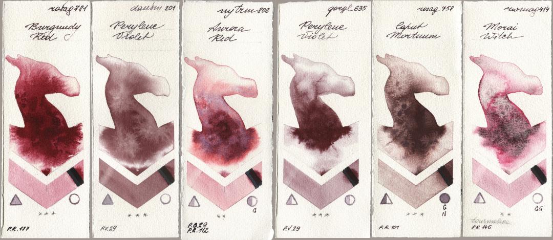 Rosa Gallery 781 Burgundy Red, Daniel Smith 201 Perylene Violet, Mijello Mission Gold 806 Aurora Red, Golden QOR 635 Perylene Violet, 758 Caput Mortuum, Rockwell 414 Morai Wit watercolor swatch
