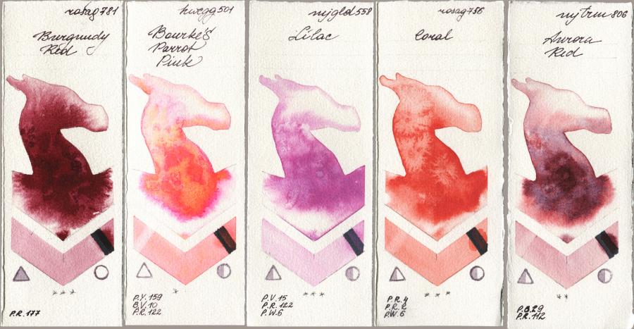 Rosa Gallery 781 Burgundy Red vs Holbein Artists Watercolor 501 Bourkes Parrot Pink vs Mijello Mission Gold 558 Lilac vs 756 Coral vs 806 Aurora Red watercolor swatch