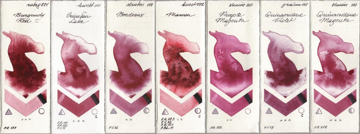 Rosa Gallery 781 Burgundy Red, Holbein Artists Watercolor 010 Crimson Lake, Daniel Smith 008 Bordeaux, Kuretake Gansai Tambi 072 Maroon, Shminke Horadam Aquarell 367 Purple Magenta, M. Graham & Co. Artists 158 Quinacridone Violet, 369 Quinacridone Magen watercolor swatch