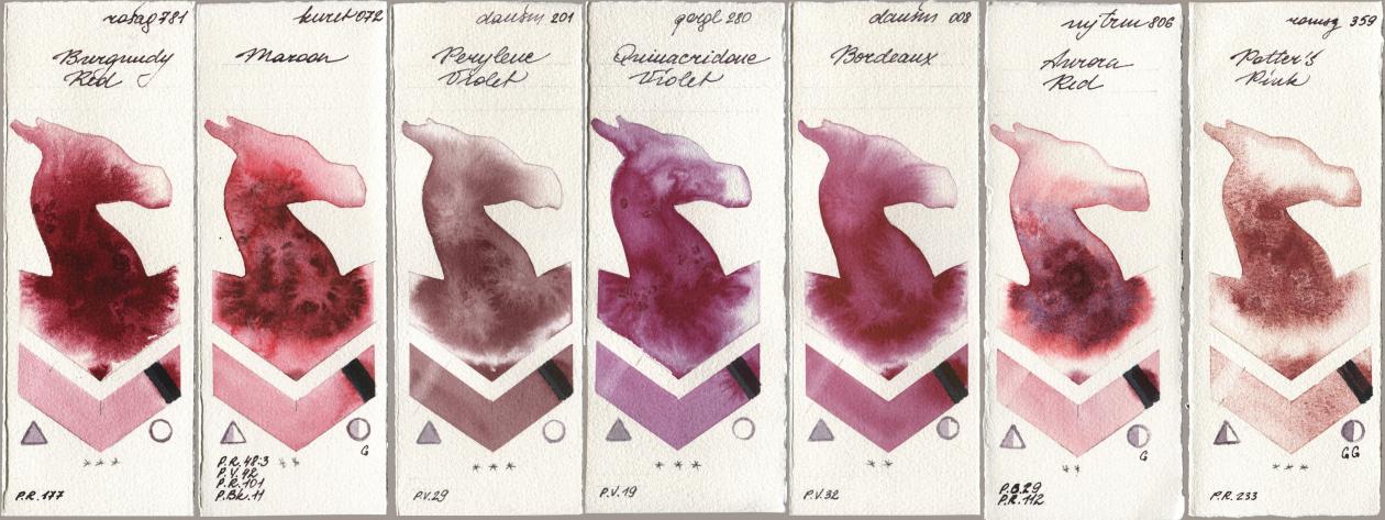 Rosa Gallery 781 Burgundy Red, Kuretake Gansai Tambi 072 Maroon, Daniel Smith 201 Perylene Violet, Golden QOR 280 Quinacridone Violet, 008 Bordeaux, Mijello Mission Gold 806 Aurora Red, Roman Szmal Aquarius 359 Potters Pi watercolor swatch