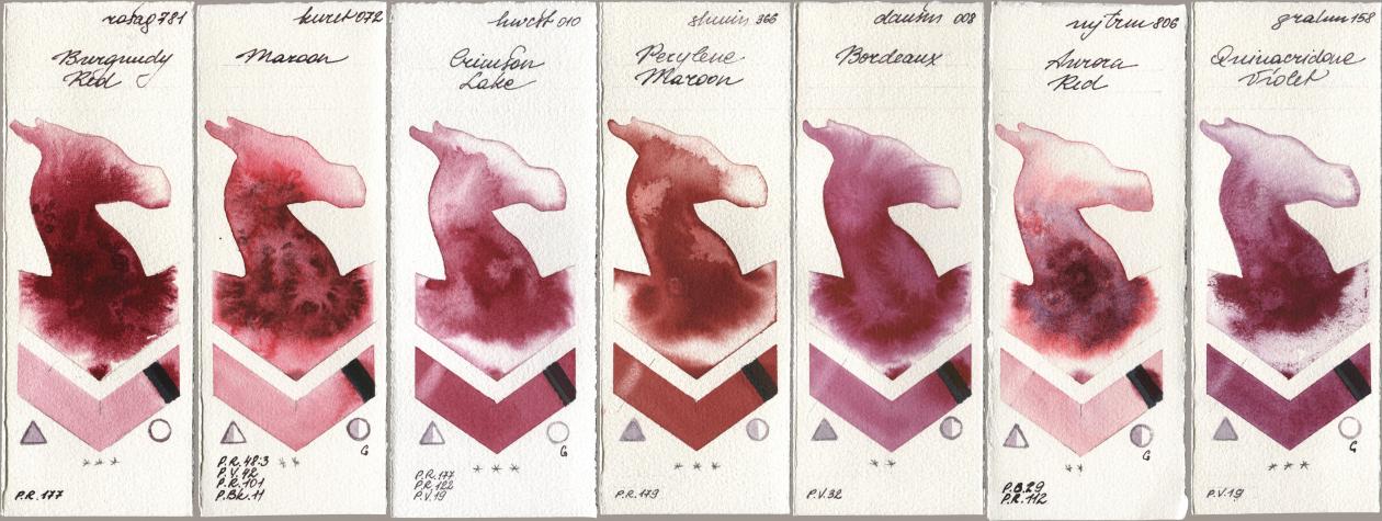 Rosa Gallery 781 Burgundy Red, Kuretake Gansai Tambi 072 Maroon, Holbein Artists Watercolor 010 Crimson Lake, Shminke Horadam Aquarell 366 Perylene Maroon, Daniel Smith 008 Bordeaux, Mijello Mission Gold 806 Aurora Red, M. Graham & Co. Artists 158 Quinacridone Viol watercolor swatch