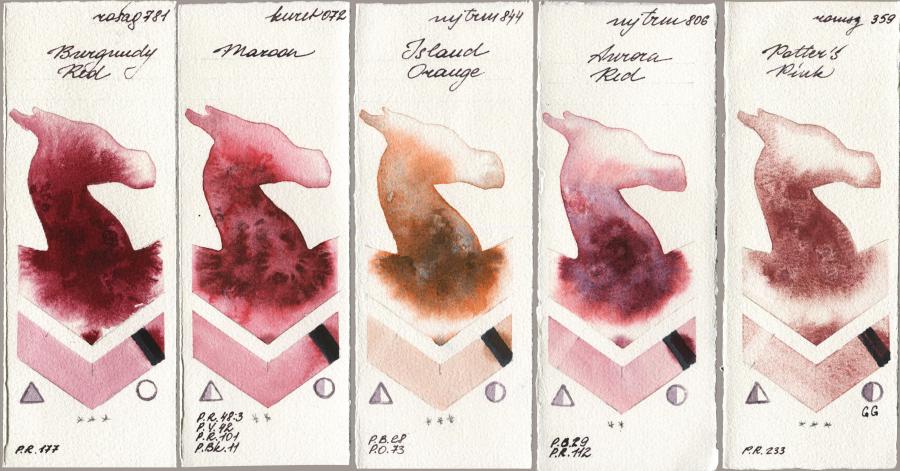 Rosa Gallery 781 Burgundy Red vs Kuretake Gansai Tambi 072 Maroon vs Mijello Mission Gold 844 Island Orange vs 806 Aurora Red vs Roman Szmal Aquarius 359 Potters Pink watercolor swatch