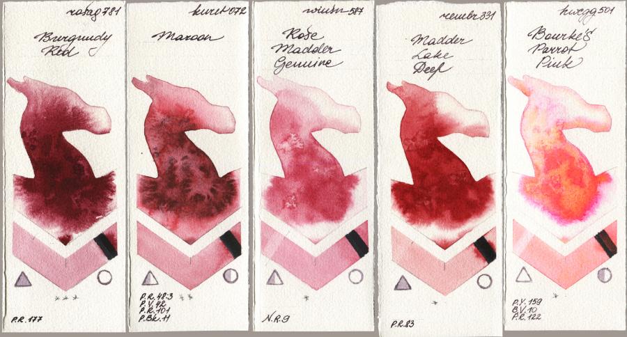 Rosa Gallery 781 Burgundy Red vs Kuretake Gansai Tambi 072 Maroon vs Winsor & Newton Professional 587 Rose Madder Genuine vs Royal Talens Rembrandt Watercolour 331 Madder Lake Deep vs Holbein Artists Watercolor 501 Bourkes Parrot Pink watercolor swatch