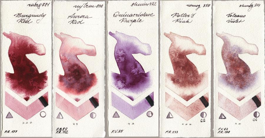 Rosa Gallery 781 Burgundy Red vs Mijello Mission Gold 806 Aurora Red vs Shminke Horadam Aquarell 472 Quinacridone Purple vs Roman Szmal Aquarius 359 Potters Pink vs 914 Volcano Violet watercolor swatch