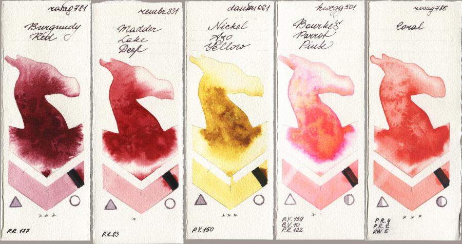 Rosa Gallery 781 Burgundy Red vs Royal Talens Rembrandt Watercolour 331 Madder Lake Deep vs Daniel Smith 061 Nickel Azo Yellow vs Holbein Artists Watercolor 501 Bourkes Parrot Pink vs 756 Coral watercolor swatch