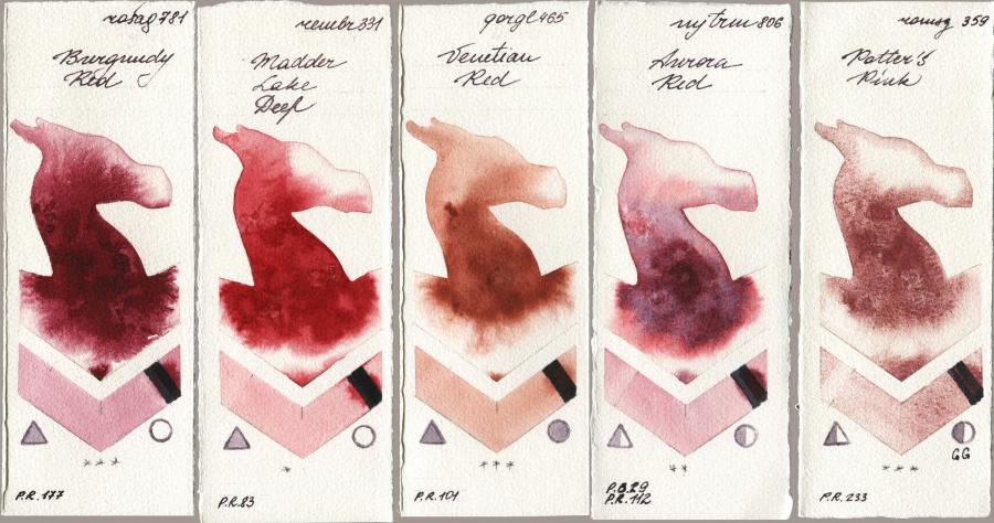Rosa Gallery 781 Burgundy Red vs Royal Talens Rembrandt Watercolour 331 Madder Lake Deep vs Golden QOR 465 Venetian Red vs Mijello Mission Gold 806 Aurora Red vs Roman Szmal Aquarius 359 Potters Pink watercolor swatch