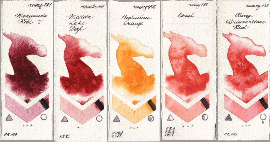 Rosa Gallery 781 Burgundy Red vs Royal Talens Rembrandt Watercolour 331 Madder Lake Deep vs 705 Cadmium Orange vs 756 Coral vs Roman Szmal Aquarius 329 Cherry Quinacridone Red watercolor swatch