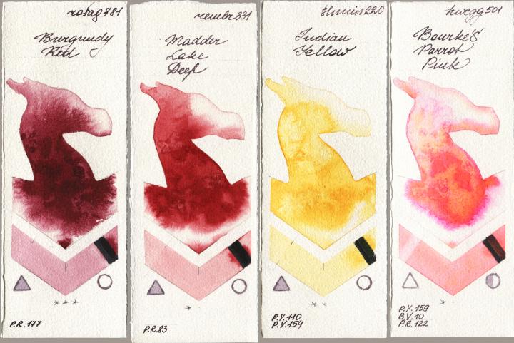 Rosa Gallery 781 Burgundy Red vs Royal Talens Rembrandt Watercolour 331 Madder Lake Deep vs Shminke Horadam Aquarell 220 Indian Yellow vs Holbein Artists Watercolor 501 Bourkes Parrot Pink watercolor swatch